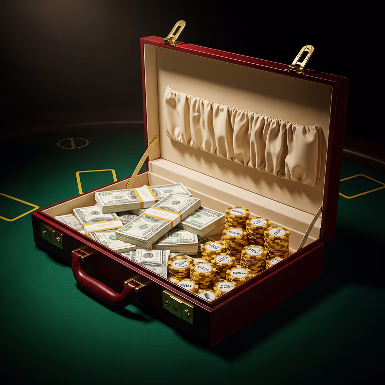 ainbet Casino image featuring a leather wallet surrounded by gold coins.